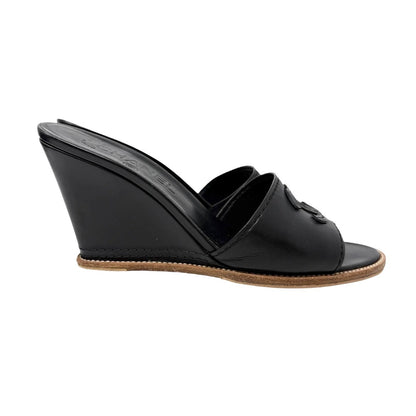 CHANEL Vintage CC Logo Slide Sandals Heels #36.5 Black Brown Leather 901943
