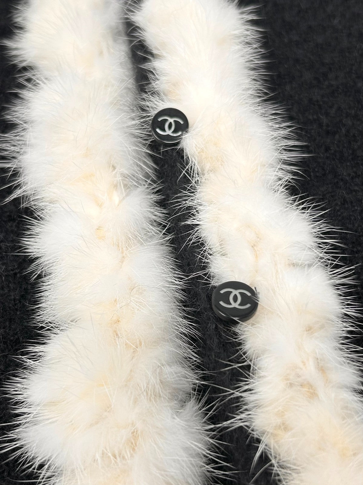 CHANEL Vintage 03A CC Logo Mohair Knit Fur Jacket Pocket Button #38 Black Cream