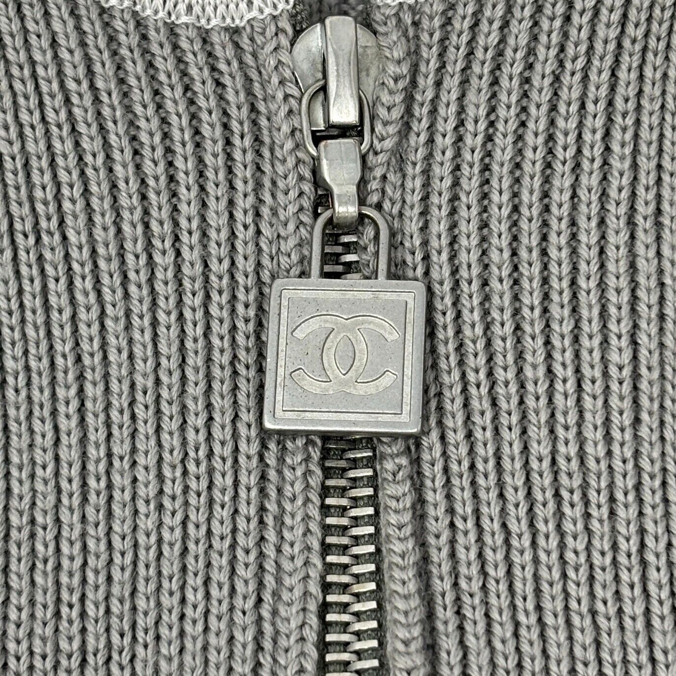 CHANEL Sport Vintage 04A CC Logo Zip Hoodie Top #42 Jacket Gray White Wool
