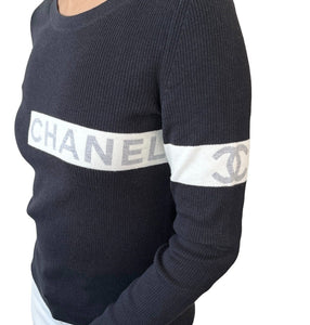 CHANEL Vintage 08P CC Mark Logo Ribbed Sweater Top #34 Cotton Black RankAB