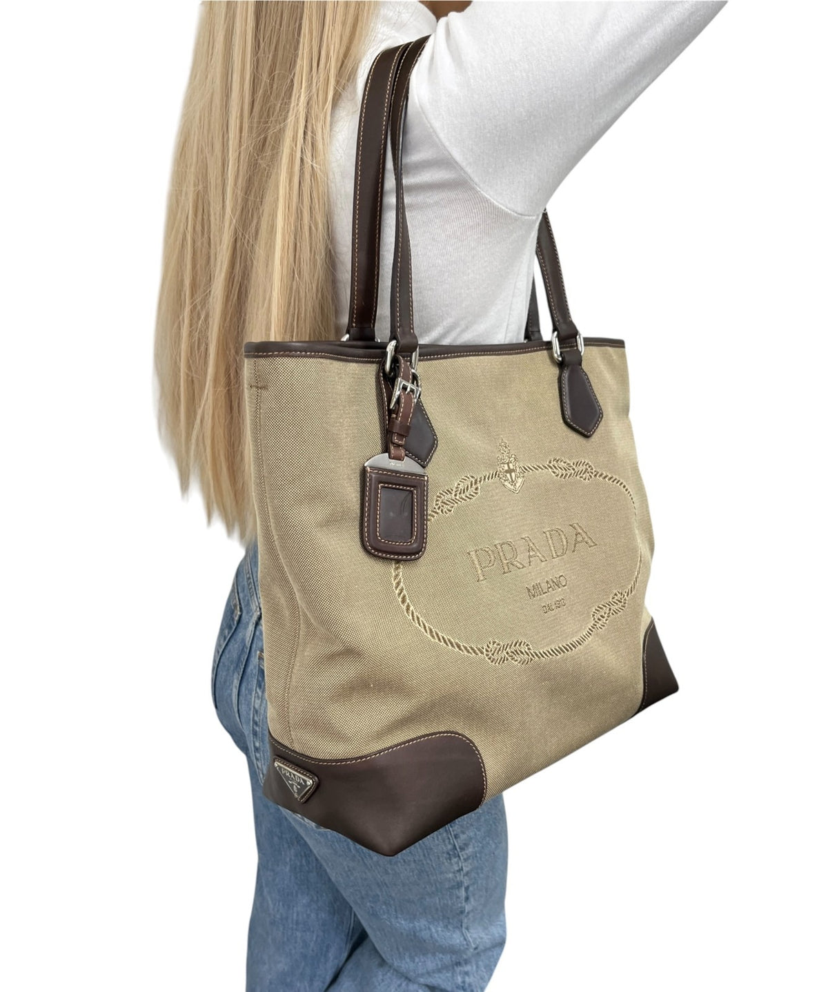 PRADA Vintage Jacquard Logo Tote Bag Brown Silver Canvas Leather 902340