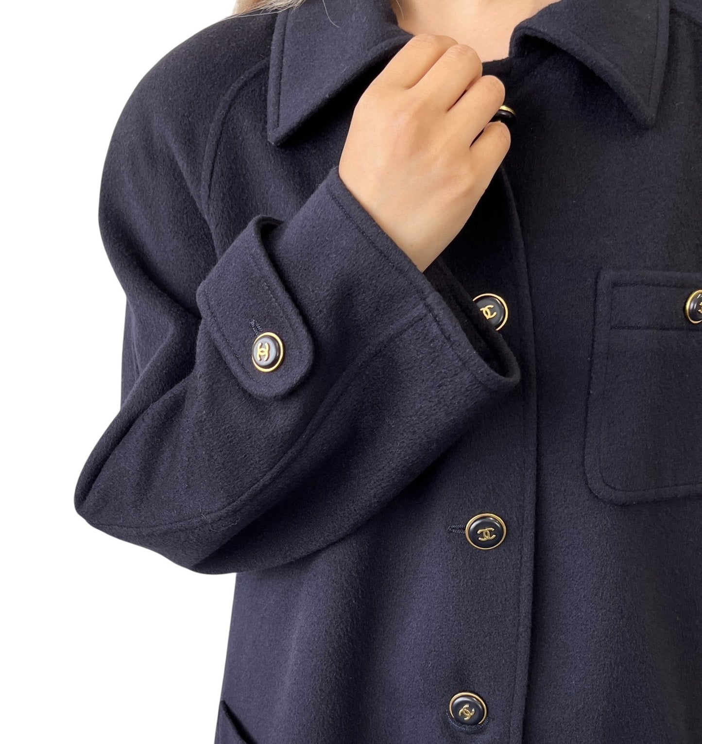 CHANEL Vinatage 95A CC Logo Button Coat Jacket #38 Cashmere Dark Blue Gold