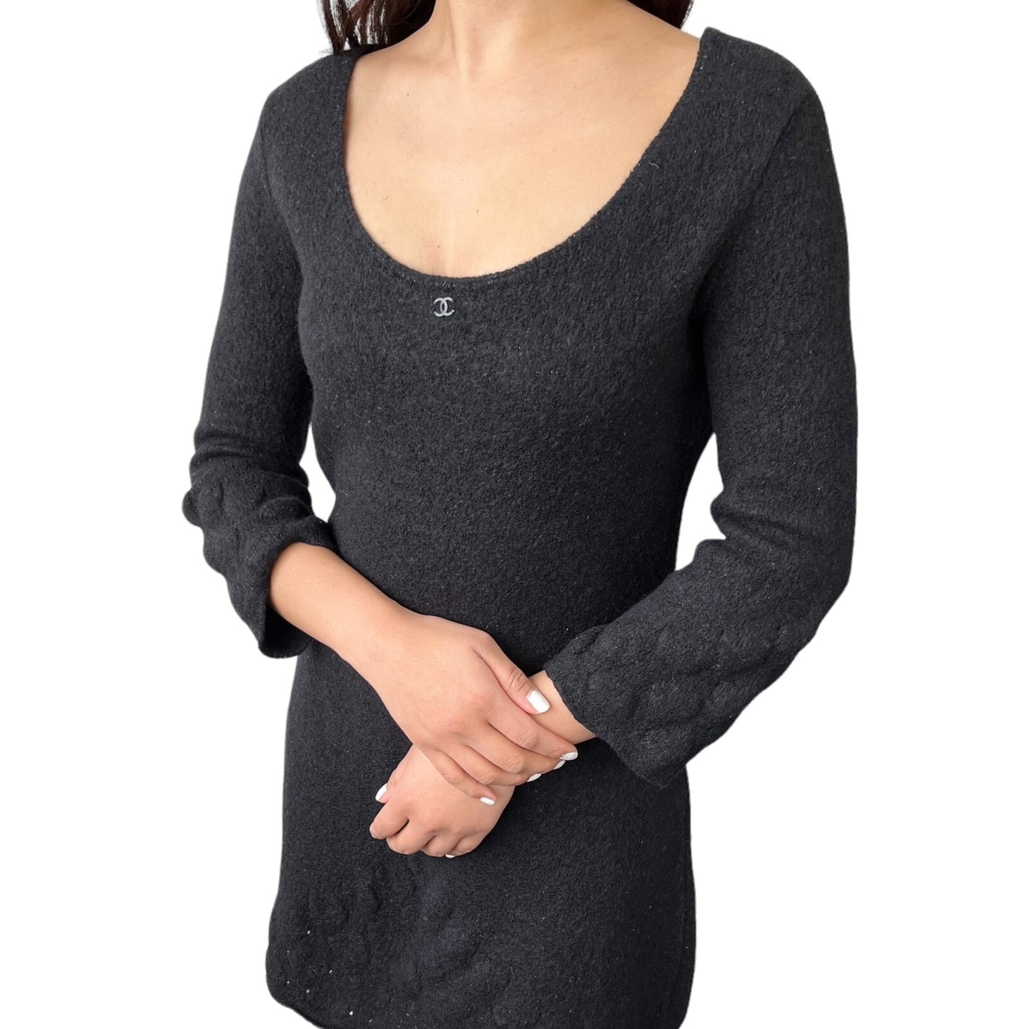 CHANEL Vintage 00A Coco Mark Logo Sweater #42 Tunic Top Black Wool Knit RankAB