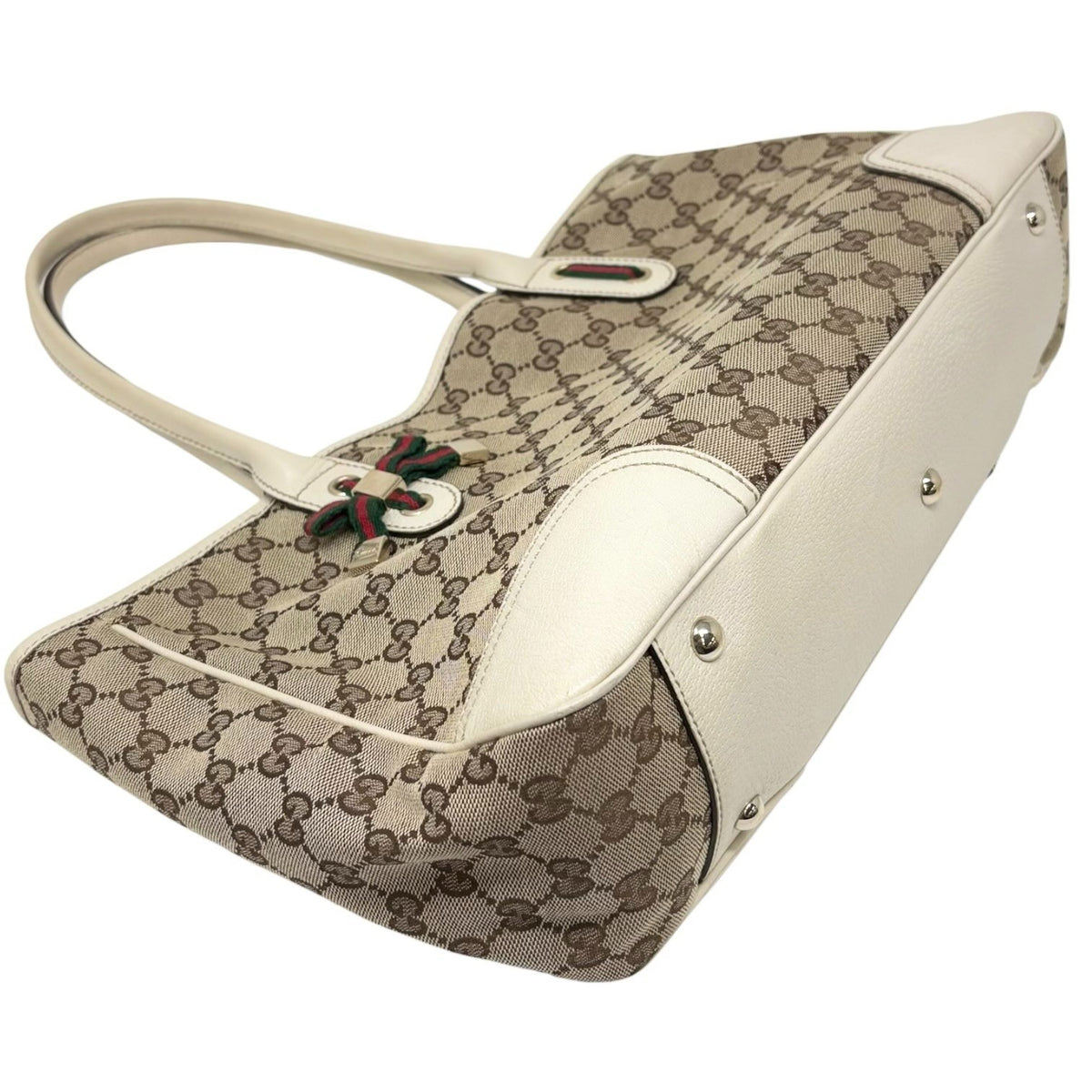 GUCCI Vintage GG Monogram Web Stripe Ribbon Tote Shoulder Bag Beige 902324