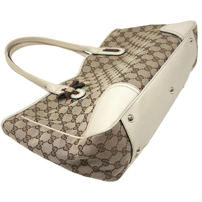 GUCCI Vintage GG Monogram Web Stripe Ribbon Tote Shoulder Bag Beige 902324