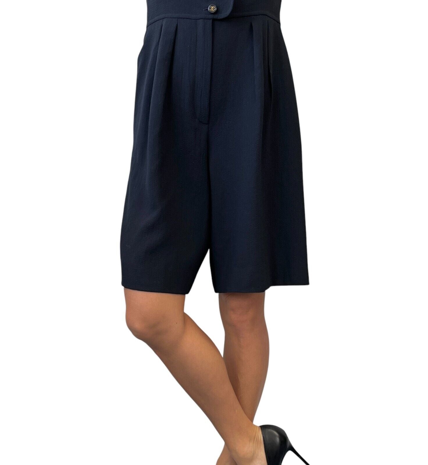 CHANEL Vintage CC Mark Logo Culottes Dress #40 Dark Blue Gold Wool Sleeveless