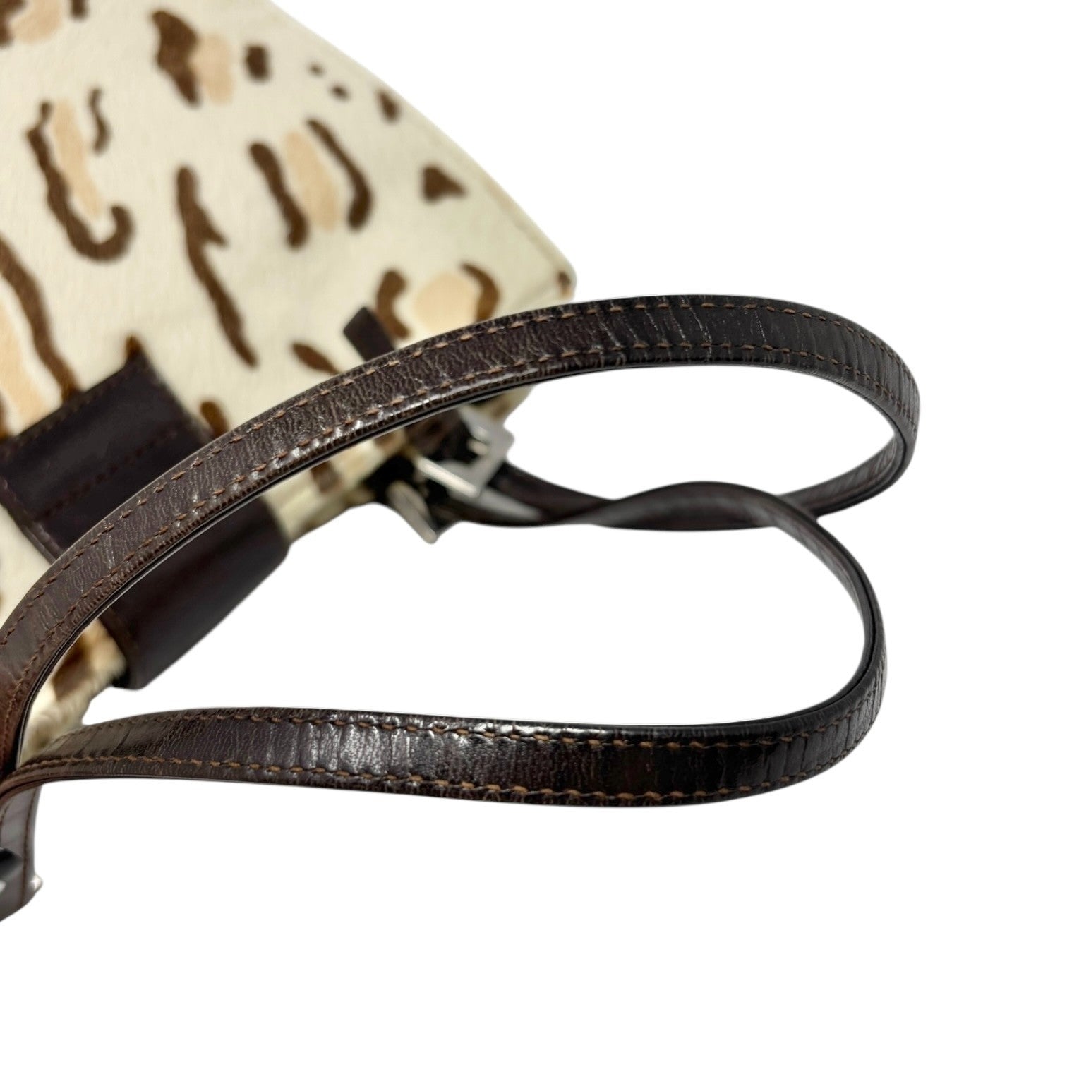 FENDI Vintage FF Logo Leopard Mamma Baguette Shoulder Bag Cream Brown Calf Hair