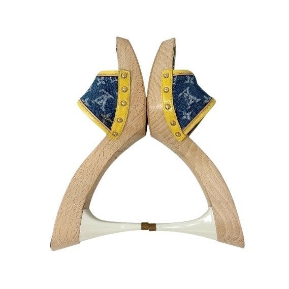 LOUIS VUITTON Vintage Logo Monogram Sandals Heels #36 Blue Yellow Leather