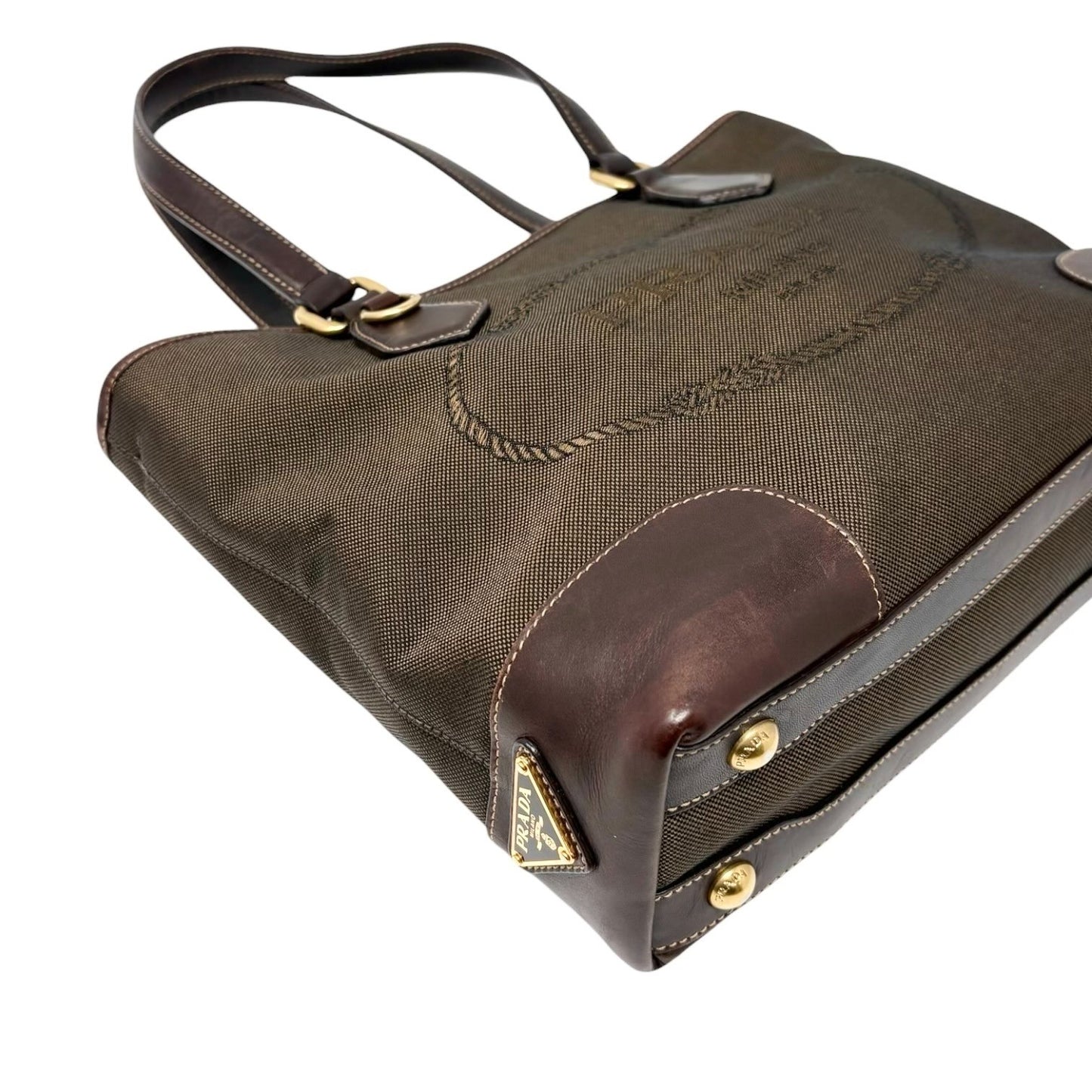 PRADA Vintage Triangle Logo Milano Jacquard Canvas Shoulder Tote Bag Brown Gold