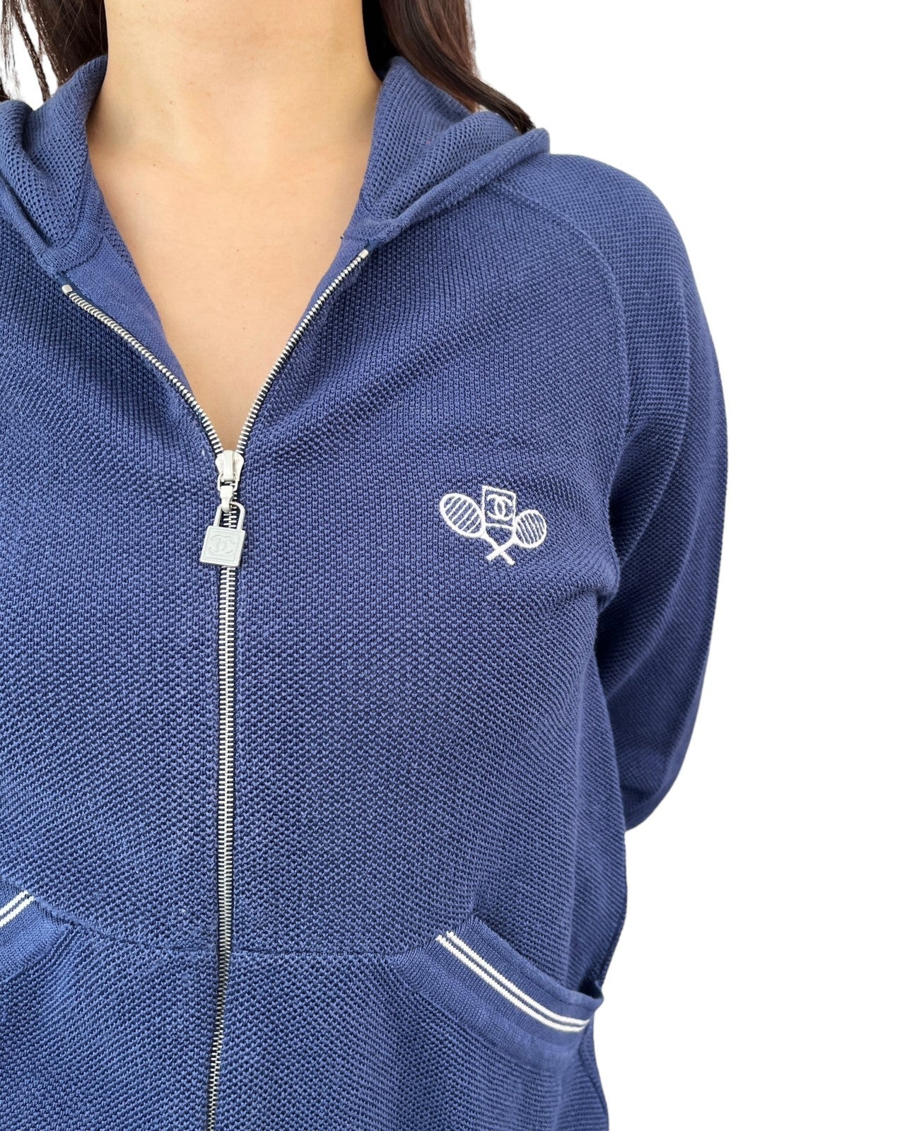 CHANEL Sport Vintage 05P CC Tennis Zipped Hoodie Jacket #38 Dark Blue Cotton