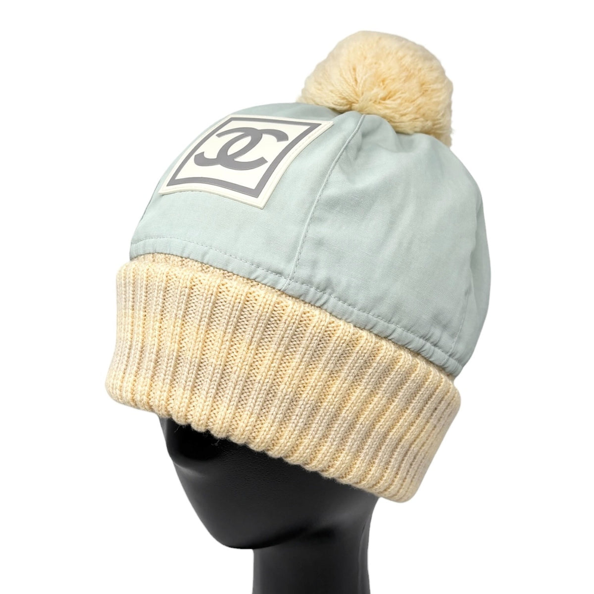 CHANEL Sport Vintage CC Logo Knit Pompom Beanie Hat Cap #M Blue Beige 902497