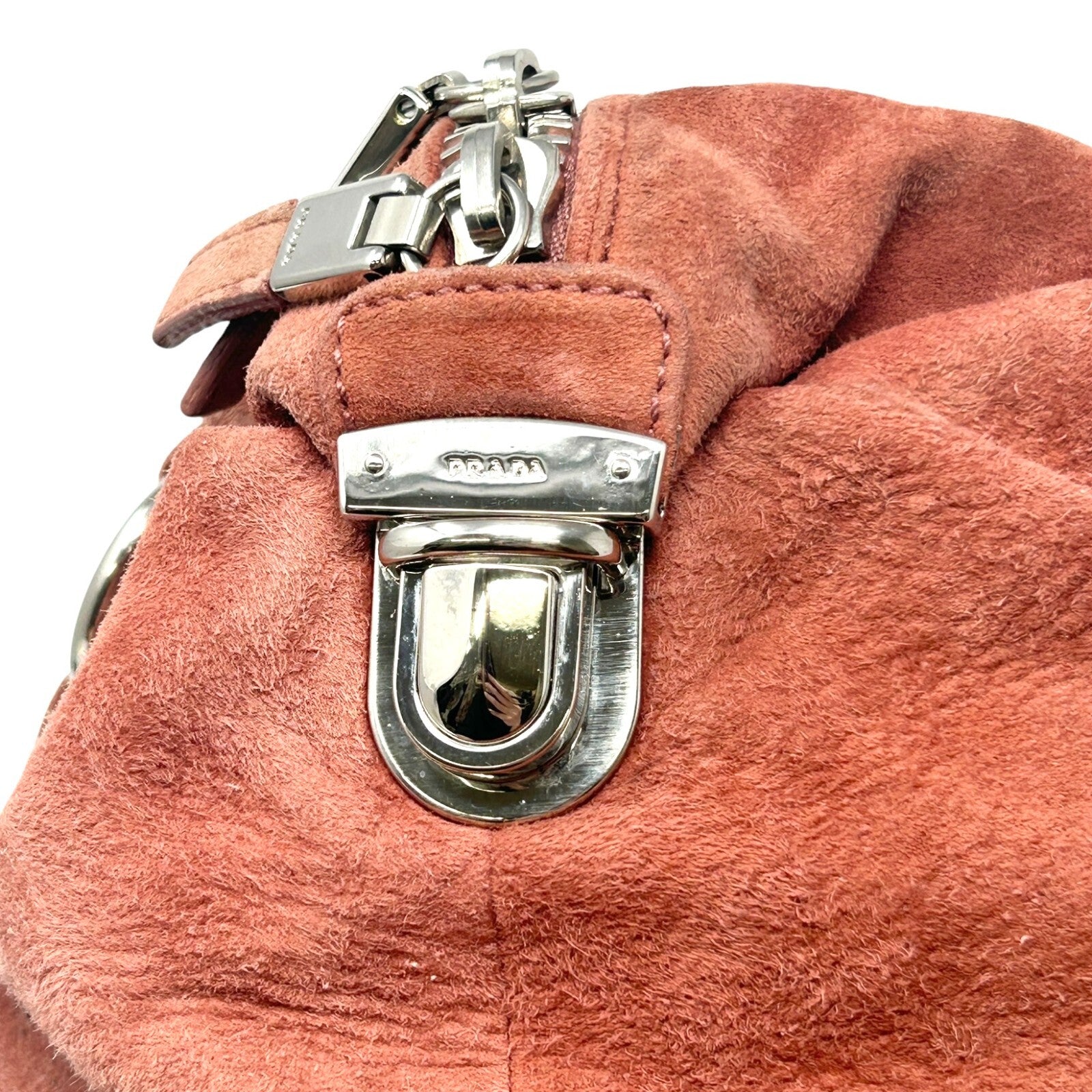 PRADA Vintage Logo Shoulder Bag Tote Red Brown Silver Handbag Suede Zip