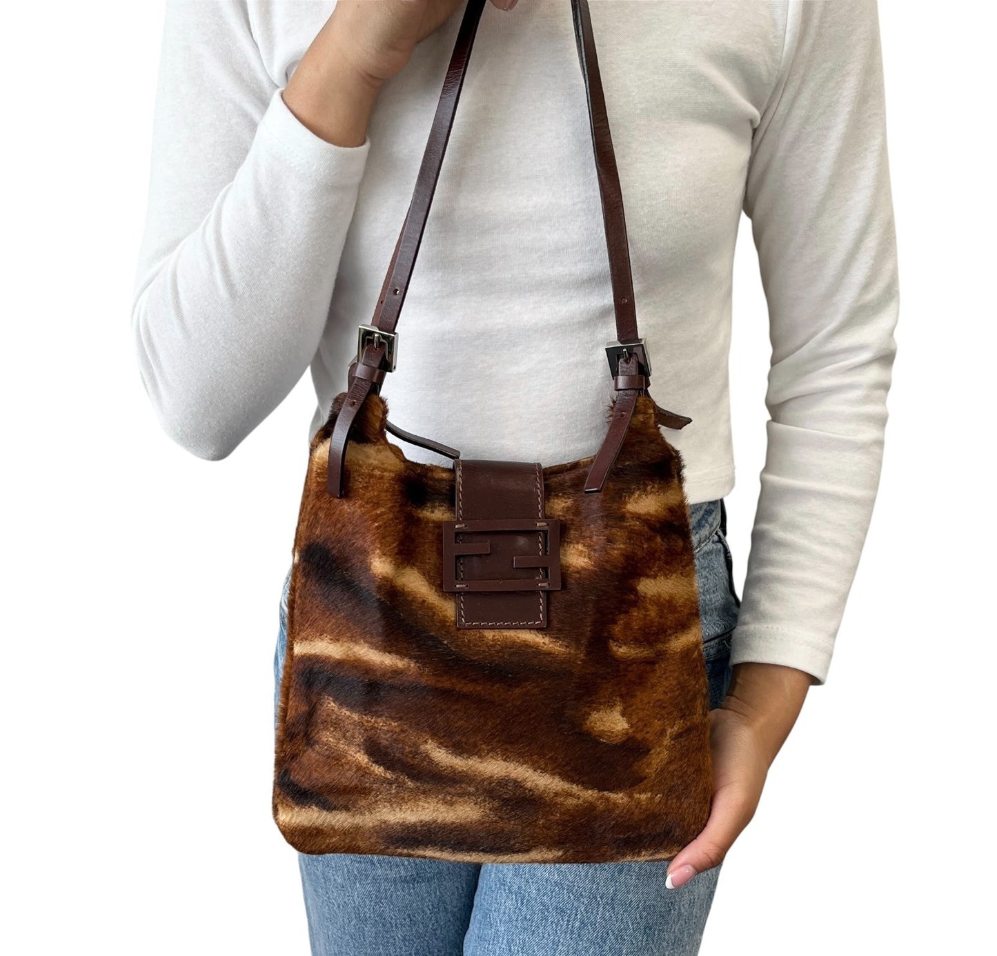 FENDI Vintage FF Pony Calf Hair Shoulder Bag Brown Beige Silver Leather 902217
