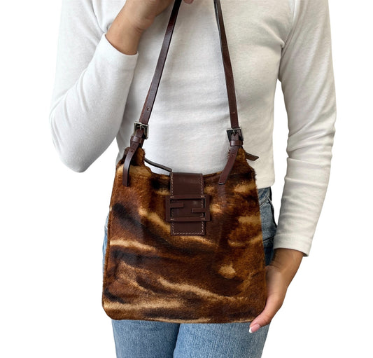 FENDI Vintage FF Pony Calf Hair Shoulder Bag Brown Beige Silver Leather 902217