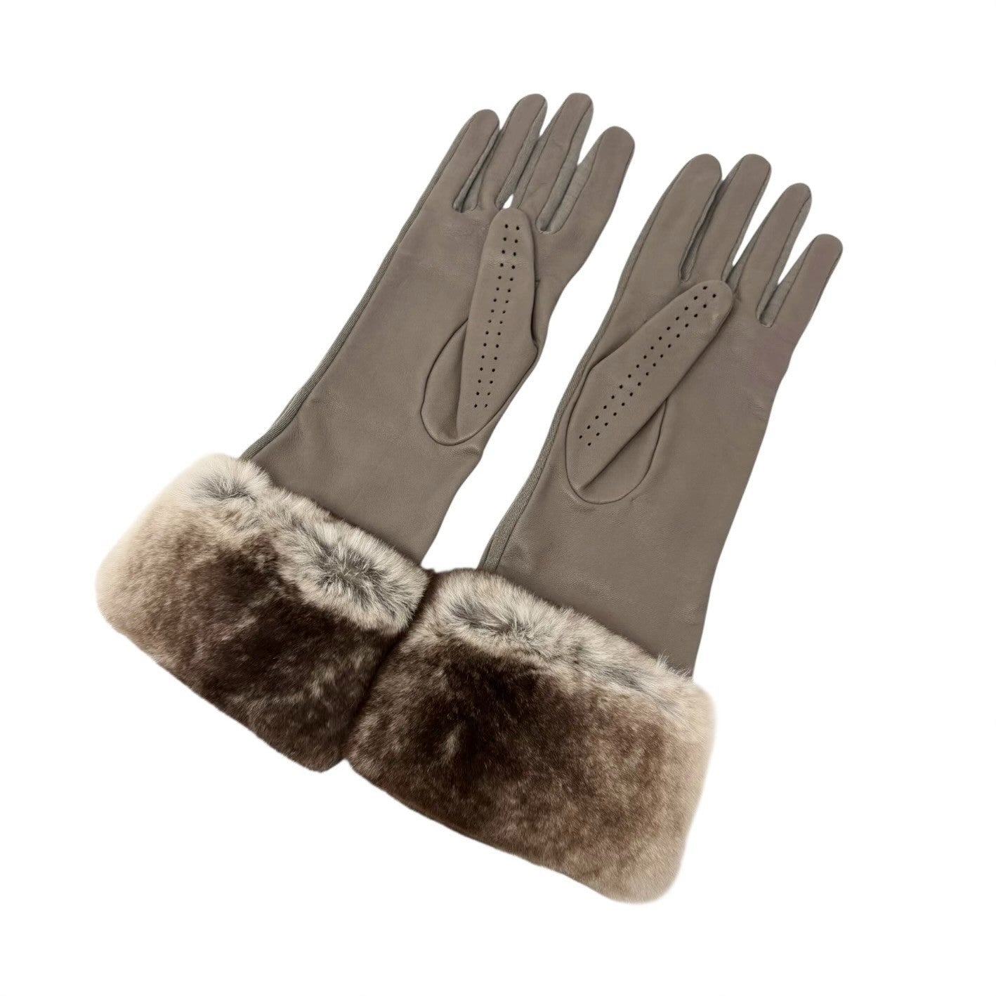 CHANEL Vintage CC Logo Lambskin Long Gloves Fur Trim #7.5 Gray Beige Perforated