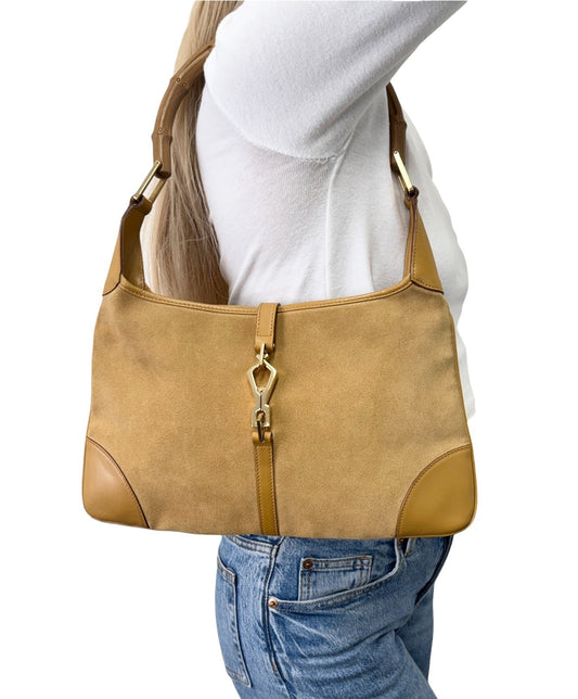 Gucci Vintage Bamboo Handle Hobo Shoulder Bag Beige Gold Suede Leather 902823