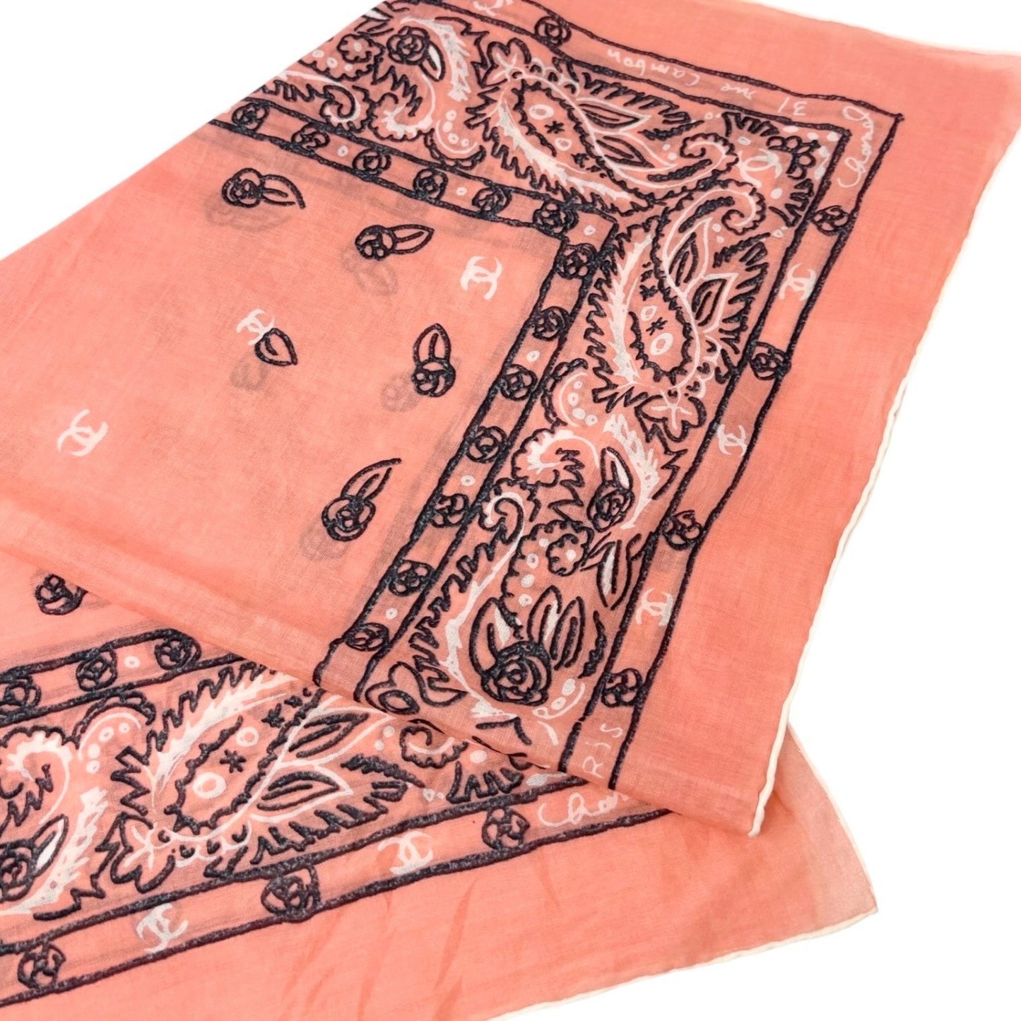 CHANEL Vintage CC Logo Paisely Print Scarf Salmon Pink Black Cotton 901810