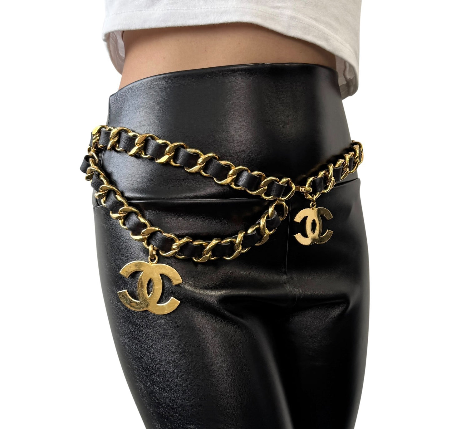 CHANEL Vintage 93A Double CC Logo Leather Chain Belt Black Gold Metal 902577
