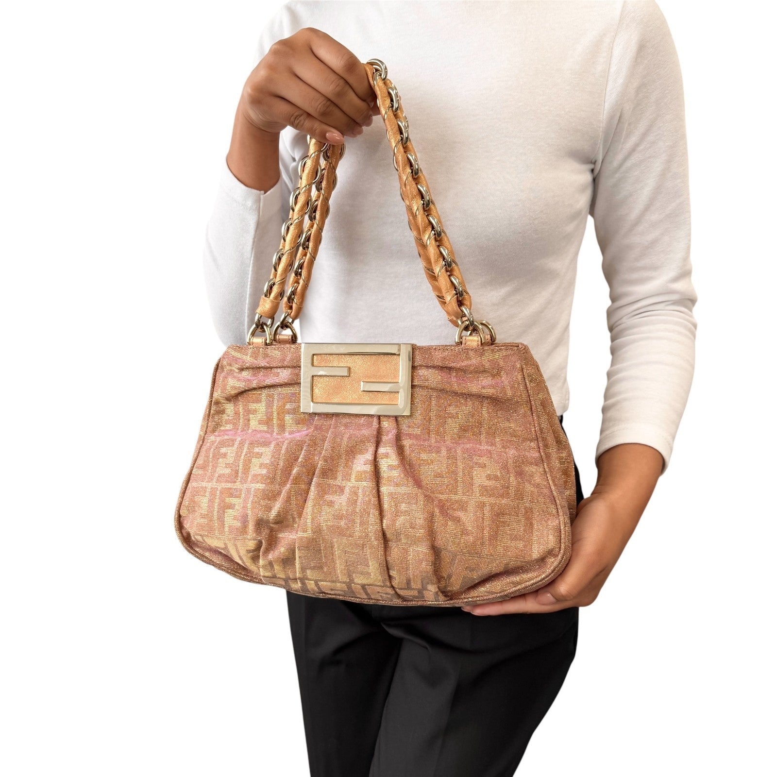 FENDI Vintage FF Logo Zucca Monogram Shoulder Bag Glitter Pink Beige Cotton