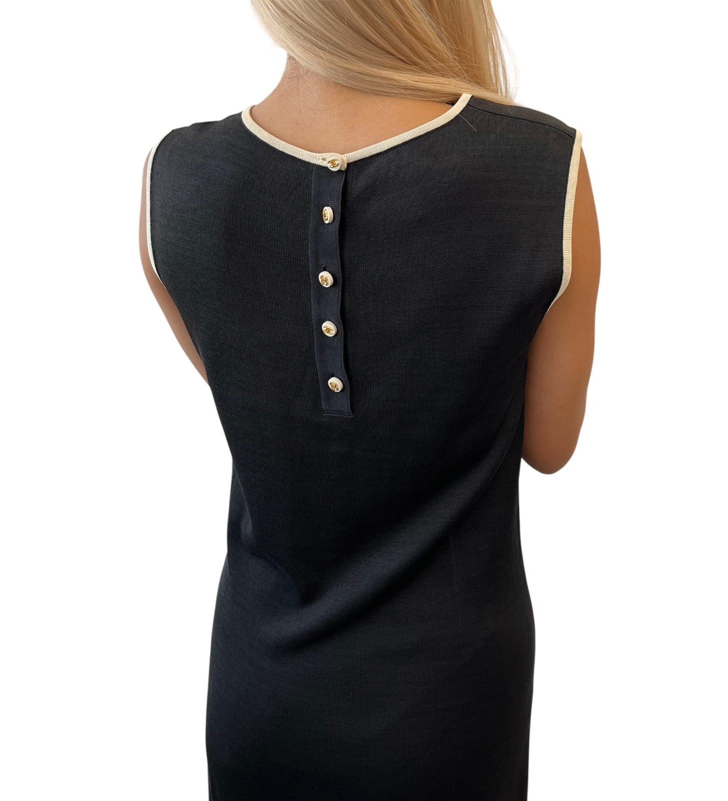 CHANEL Vintage 96C CC Mark Button Long One-piece Dress #40 Black Cream Cotton