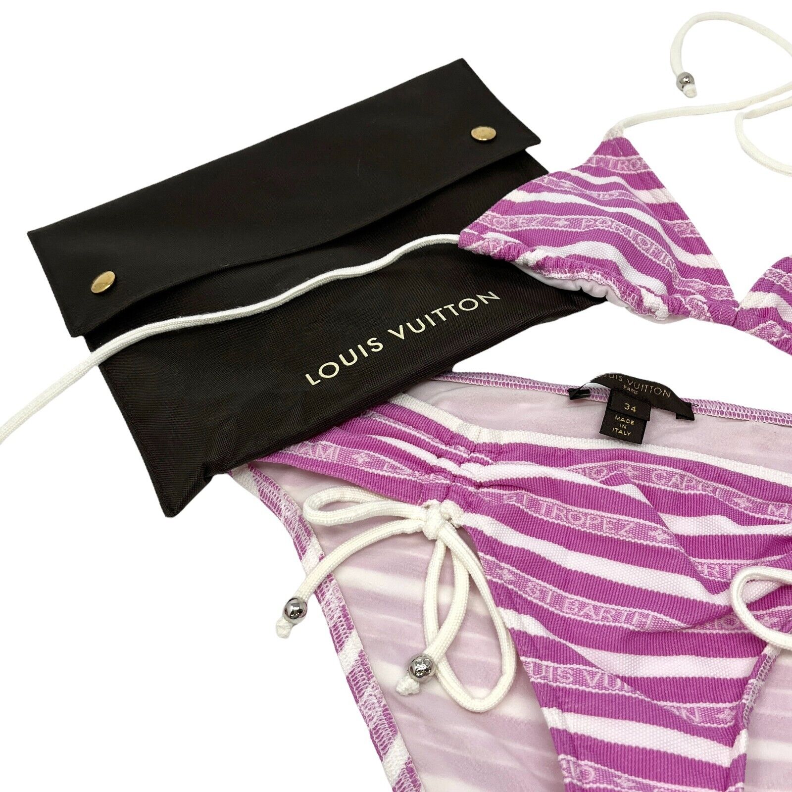 LOUIS VUITTON Vintage Logo Swimwear Stripe Bikini Set #34 Polyester Pink RankAB