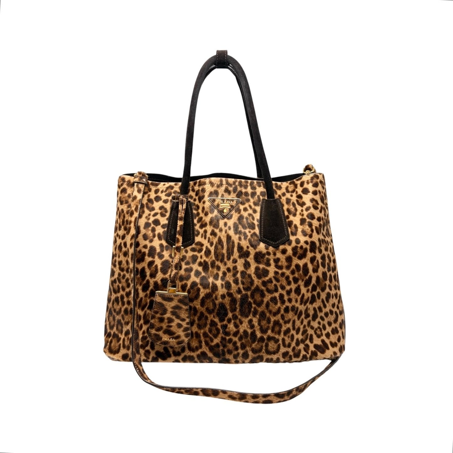 PRADA Vintage Triangle Logo Leopard Tote Bag Brown Black Pony Calf Hair 902452