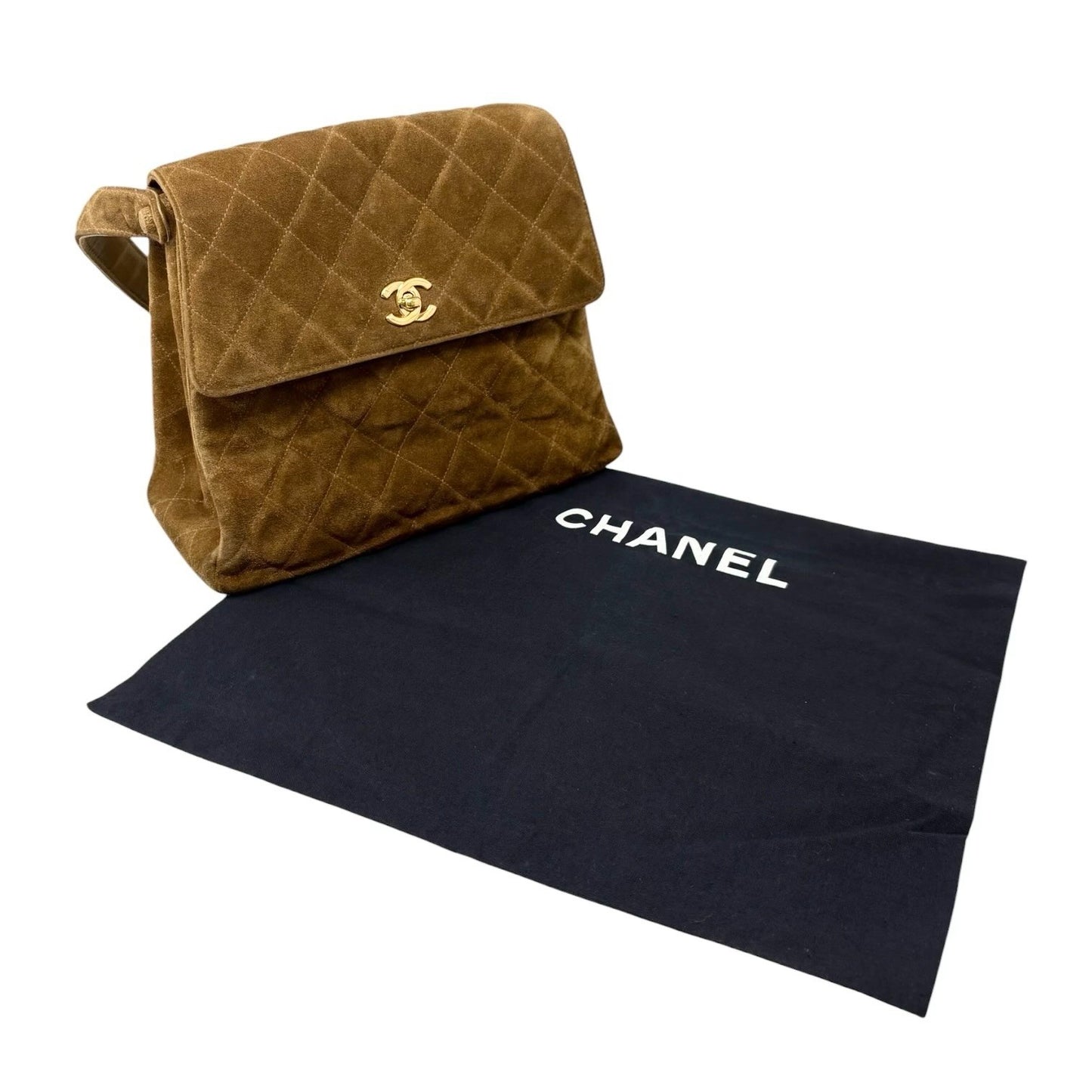 CHANEL Vintage CC Logo Turnlock Quilted Suede Flap Shoulder Bag Brown 902580