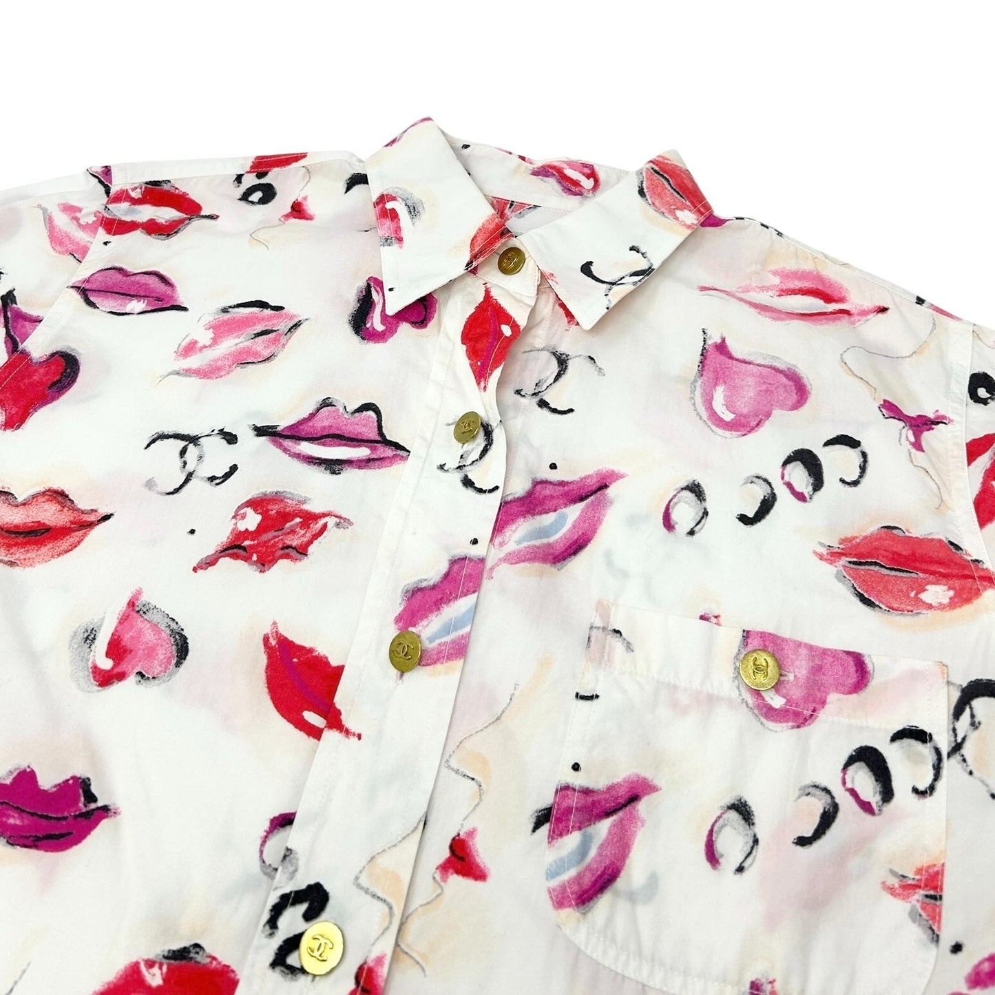 CHANEL Vintage 1995 CC Logo Long Sleeve Shirt Blouse White Button Lip Cotton