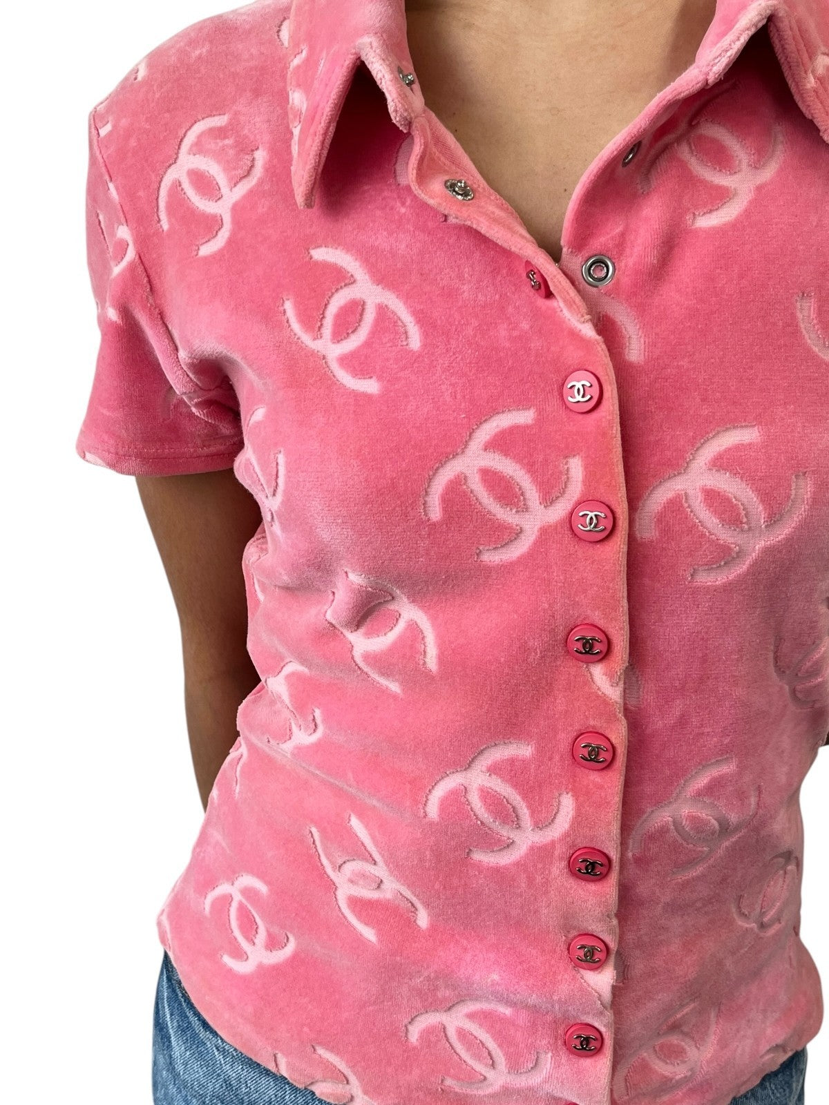 CHANEL Vintage 96A CC Logo Snap Button Velour Shirt Top #40 Pink Cotton