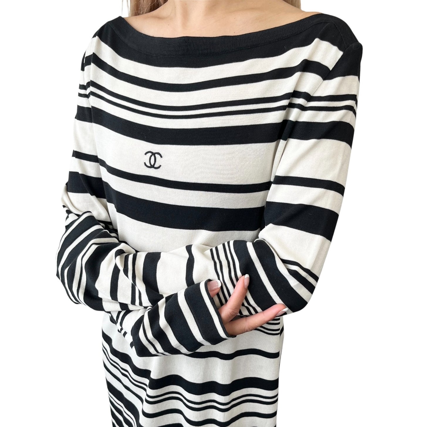 CHANEL Vintage 98P CC Logo Stripe Knit Dress #40 Black White Cotton 901808