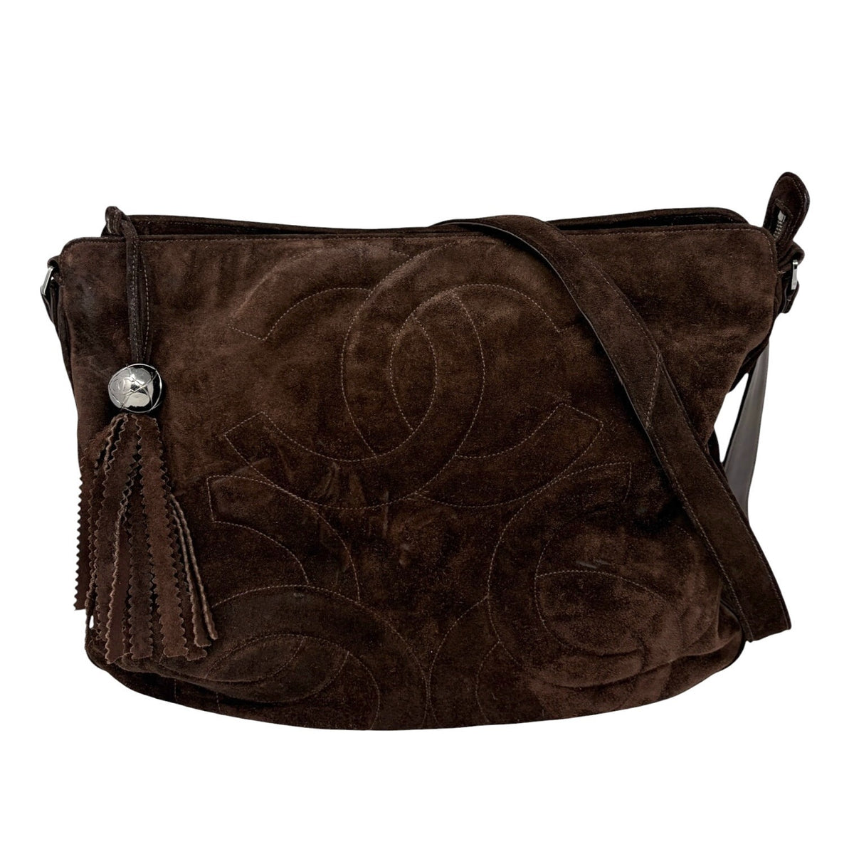 CHANEL Vintage Triple CC Logo Fringe Suede Shoulder Bag Brown Silver 902397
