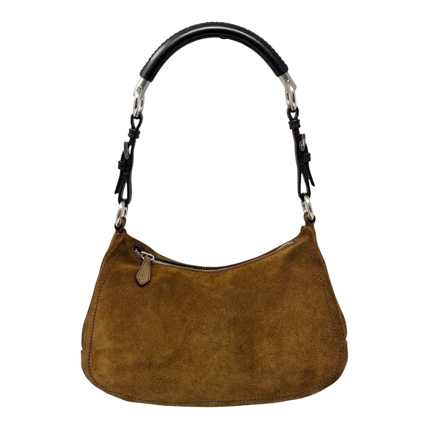 PRADA Triangle Logo Shoulder Hobo Suede Bag Brown Silver Leather Zip 902299