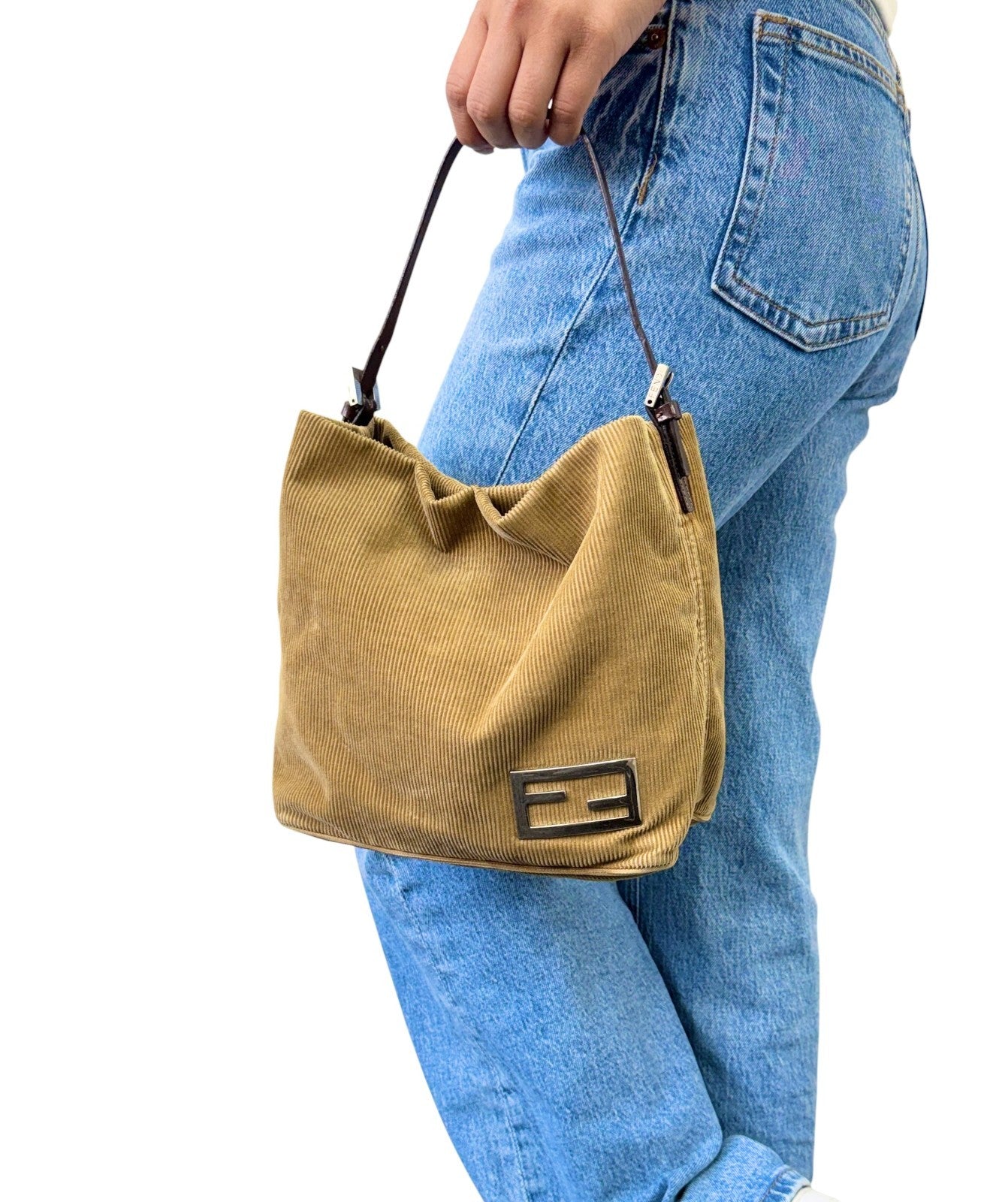 FENDI Vintage FF Logo Corduroy Pochette Shoulder Bag Beige Silver Brown 901847