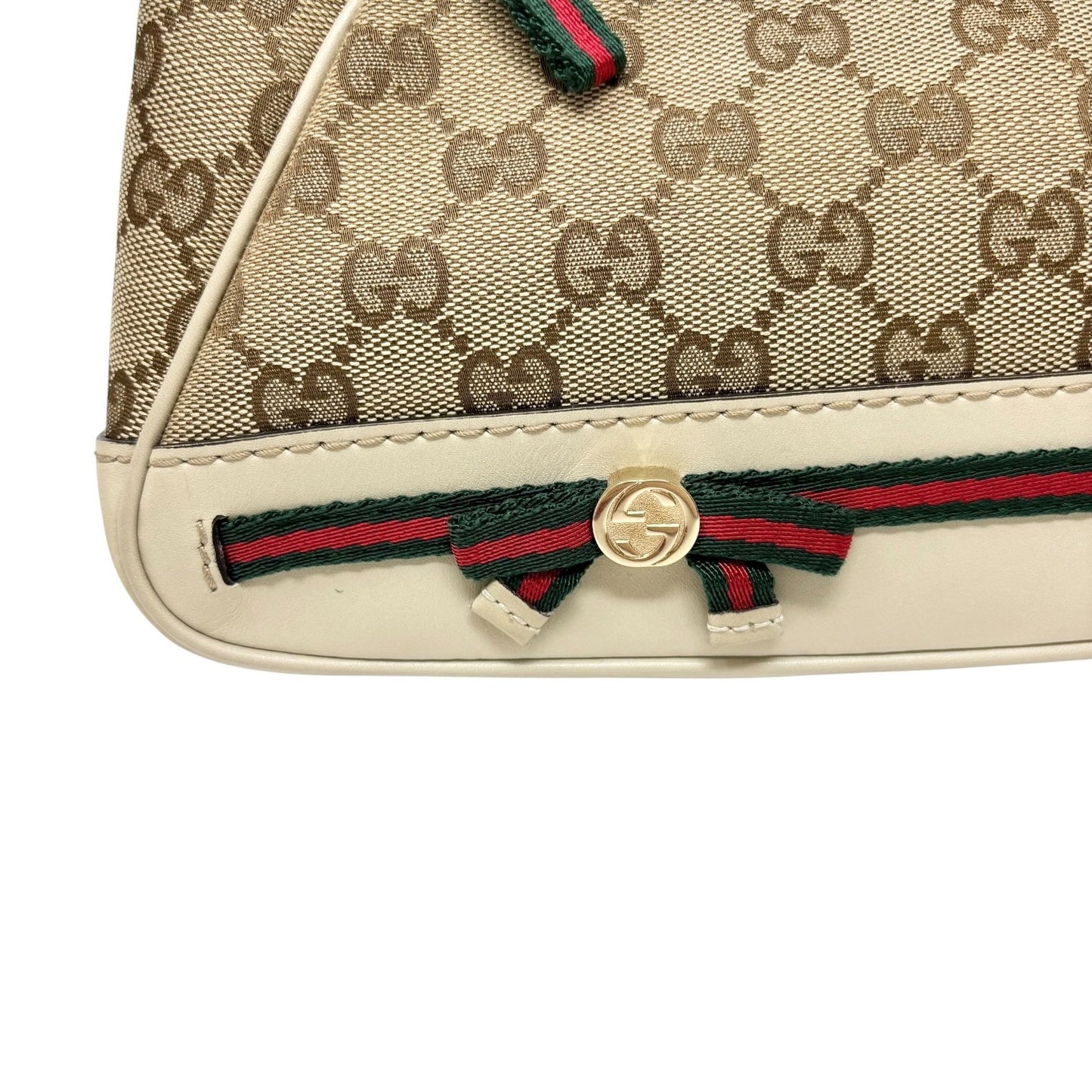 GUCCI Vintage GG Monogram Web Stripe Canvas Shoulder Bag Beige Ribbon 902570