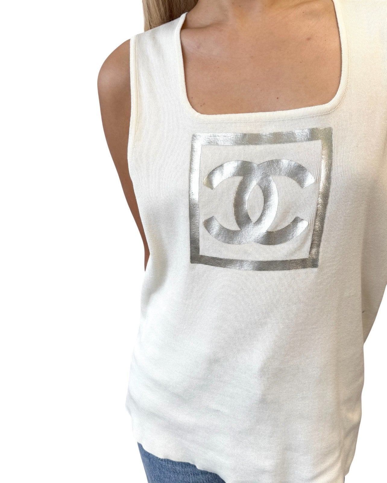CHANEL Vintage 01P CC Logo Tank Top #46 White Cream Silver Cotton Sleeveless