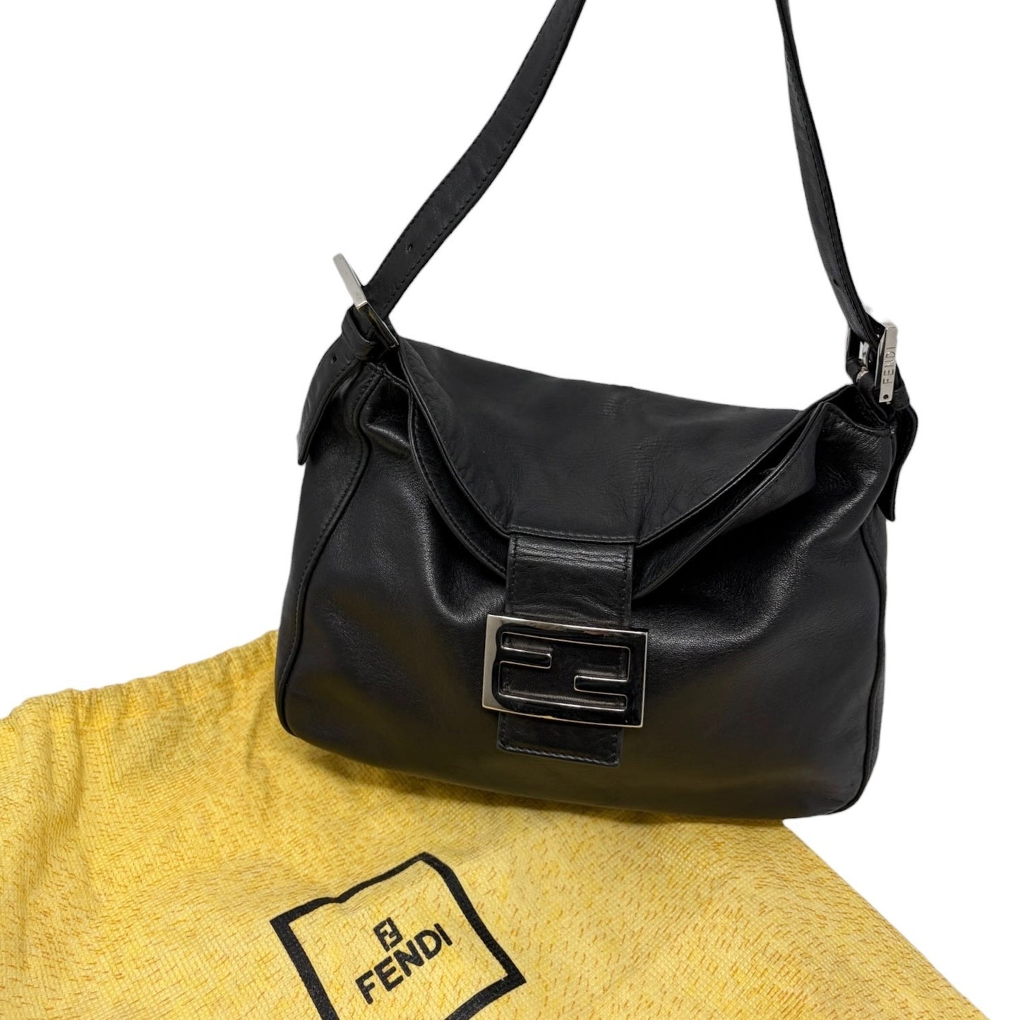 FENDI Vintage FF Logo Shoulder Bag Lambskin Black Silver Leather Metal