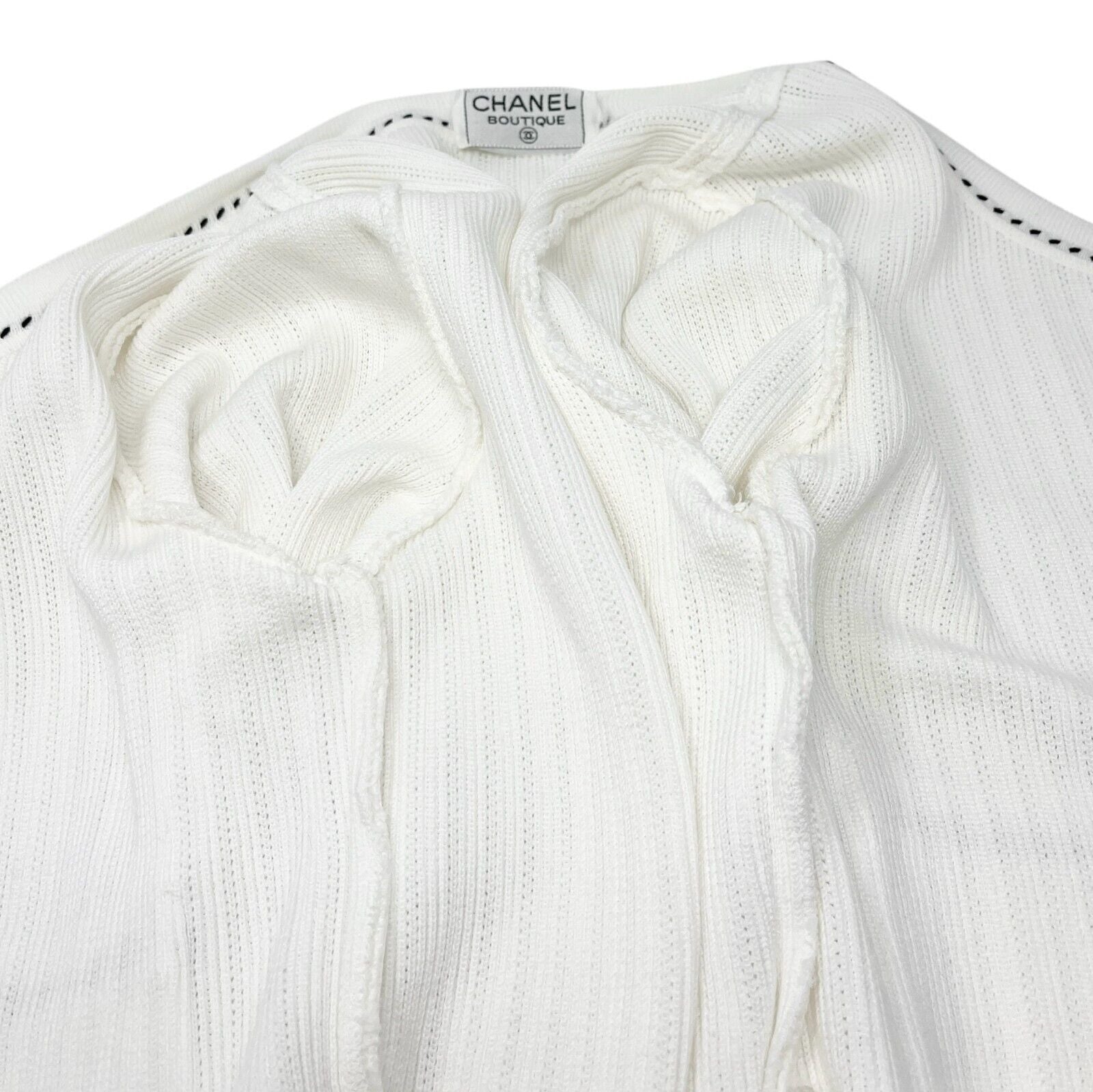 CHANEL Vintage 96P CC Logo Rib Knit Cardigan #38 Top Stitch White Black Cotton