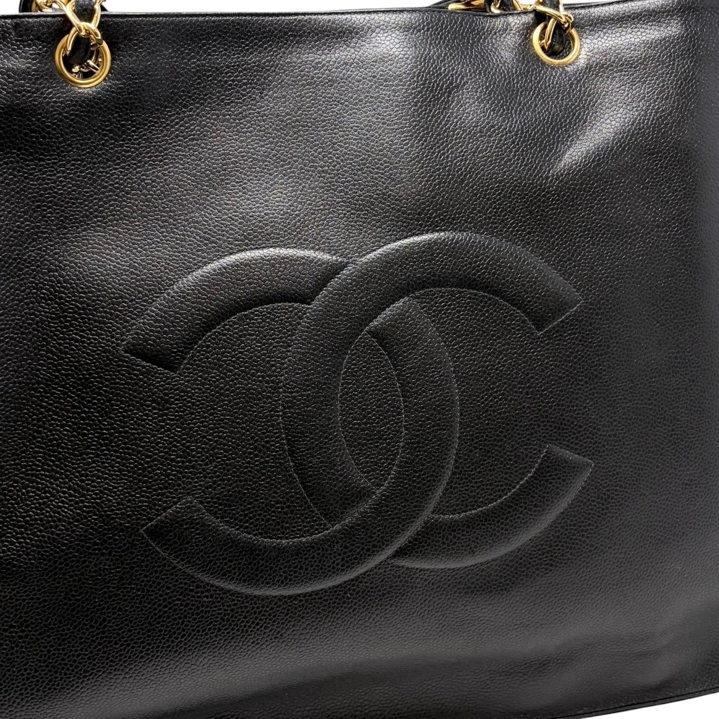 CHANEL Vintage Bic CC Logo Chain Shoulder Tote Bag Black Gold Leather 902079