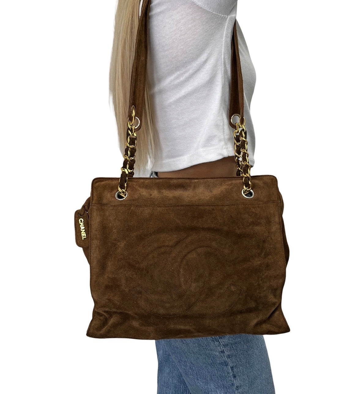 CHANEL Vintage CC Logo Suede Chain Tote Shoulder Bag Brown Gold 902488