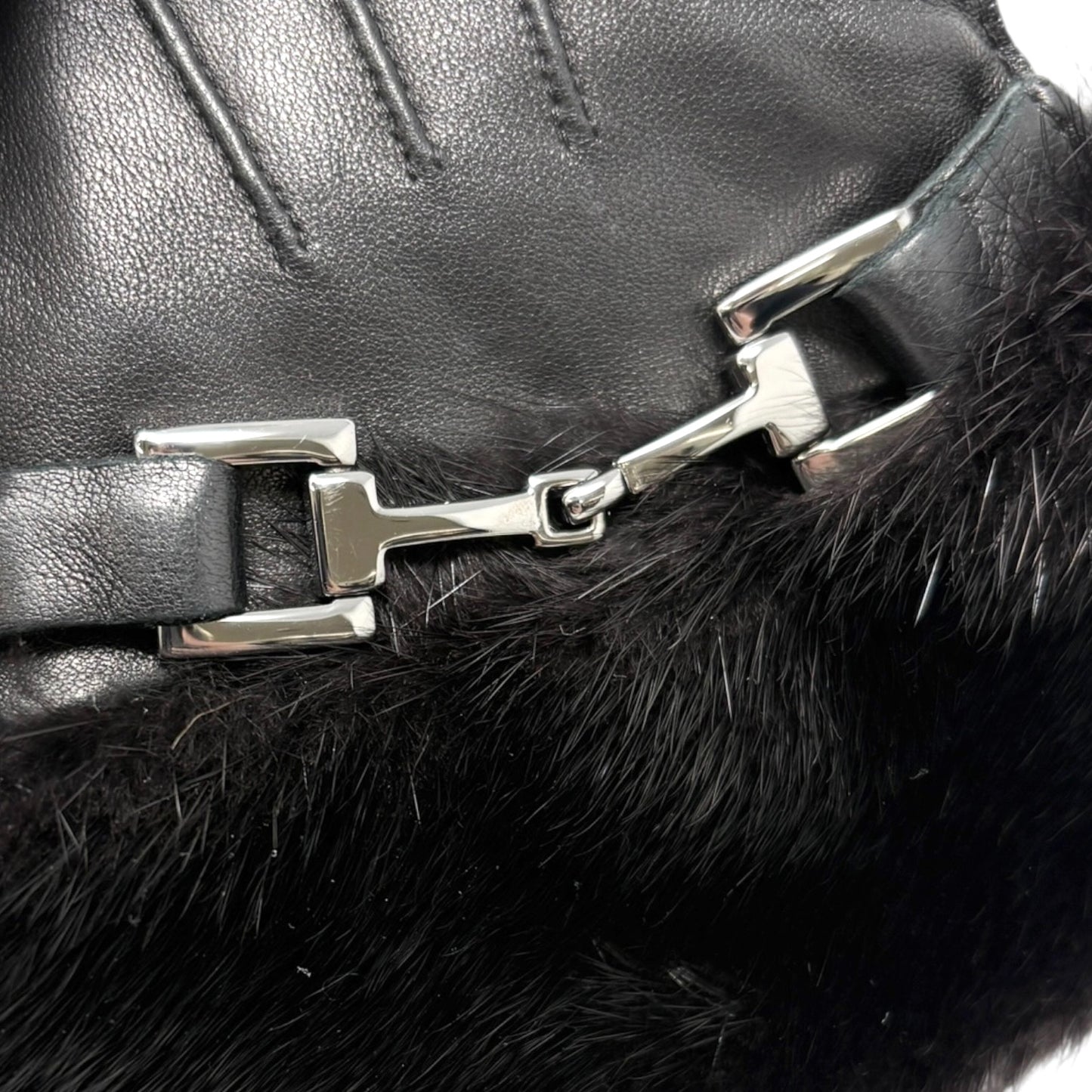 GUCCI Vintage Horsebit Fur Trim Lambskin Leather Gloves #6.5 Black Silver