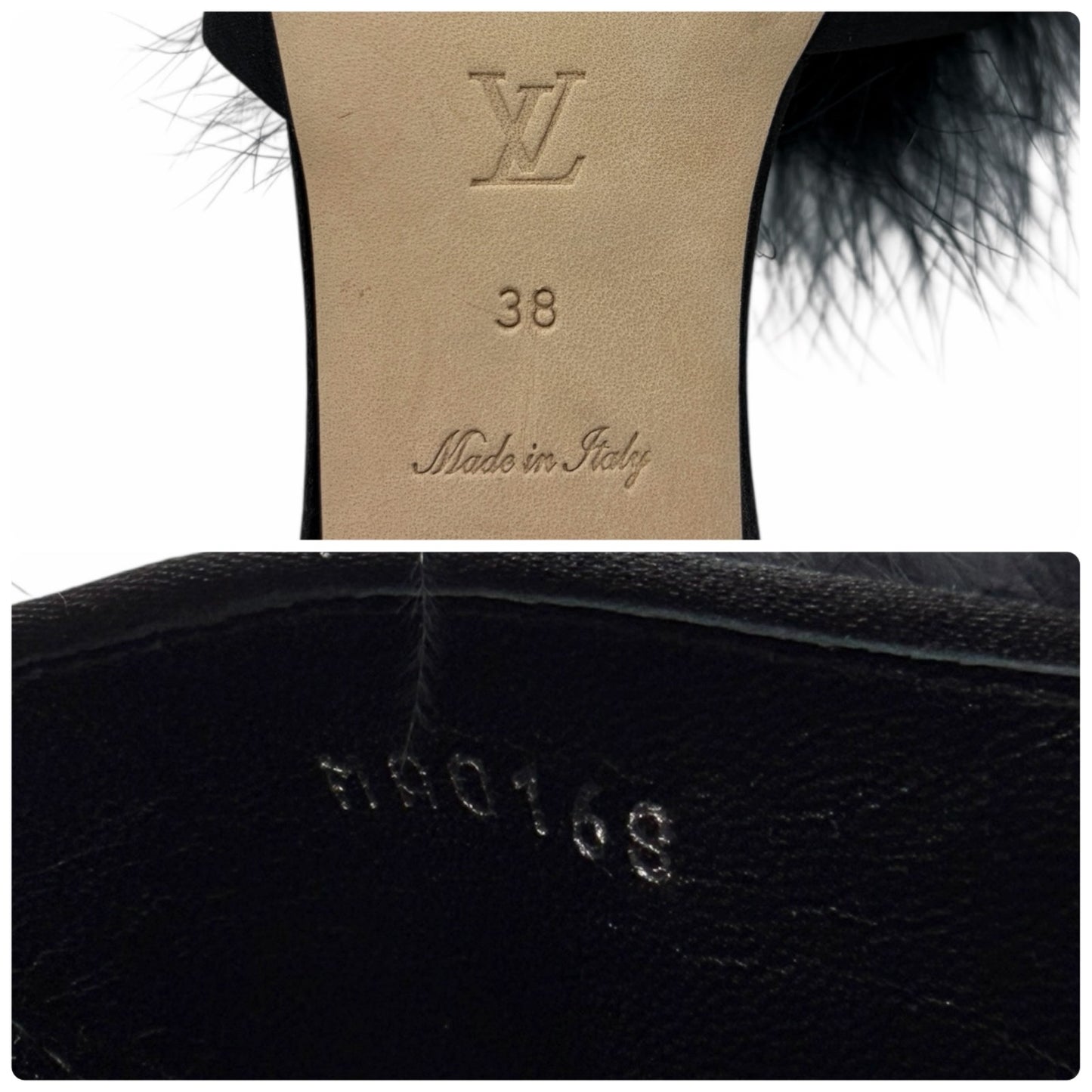 LOUIS VUITTON LV Bijou Logo Fur Flat Sandals #38 Rhinestone Black Satin