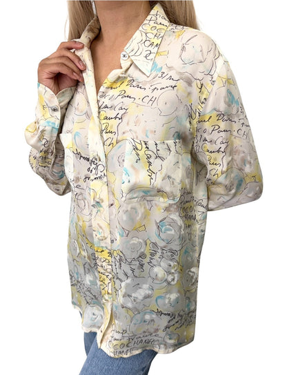 CHANEL Vintage 98C CC Logo Button Camellia Silk Shirt Top #38 Multicolor 902917