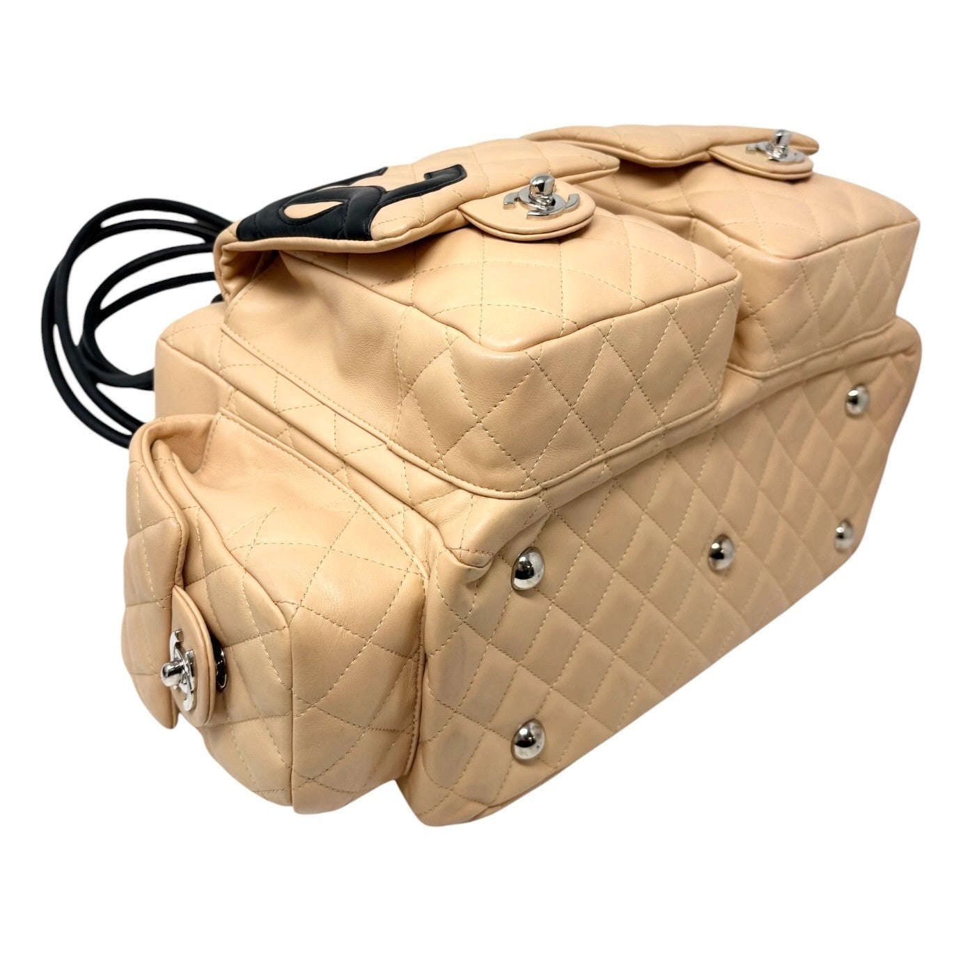 CHANEL Vintage Cambon Line CC Logo Quilted Shoulder Bag Beige Black Leather