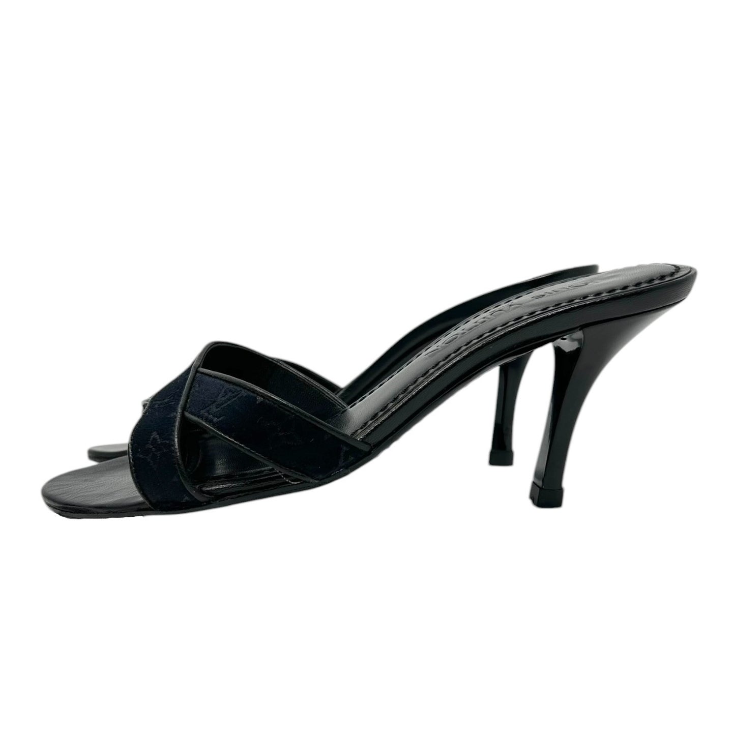 LOUIS VUITTON Vintage LV Monogram Satin Open Toe Sandals #37 Black Leather