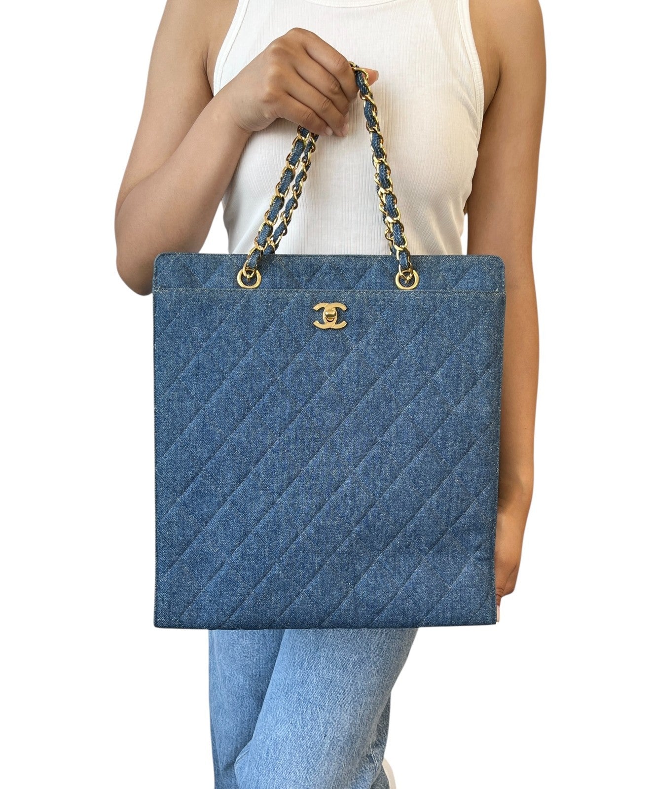 CHANEL Vintage CC Mark Logo Matelasse Denim Shoulder Bag Chain Blue Gold Cotton