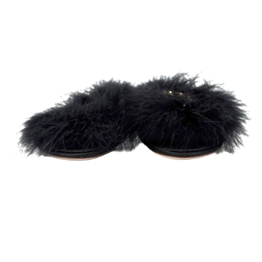 LOUIS VUITTON Vintage LV Logo Fur Flat Sandals #38 Rhinestone Black Gold Suede