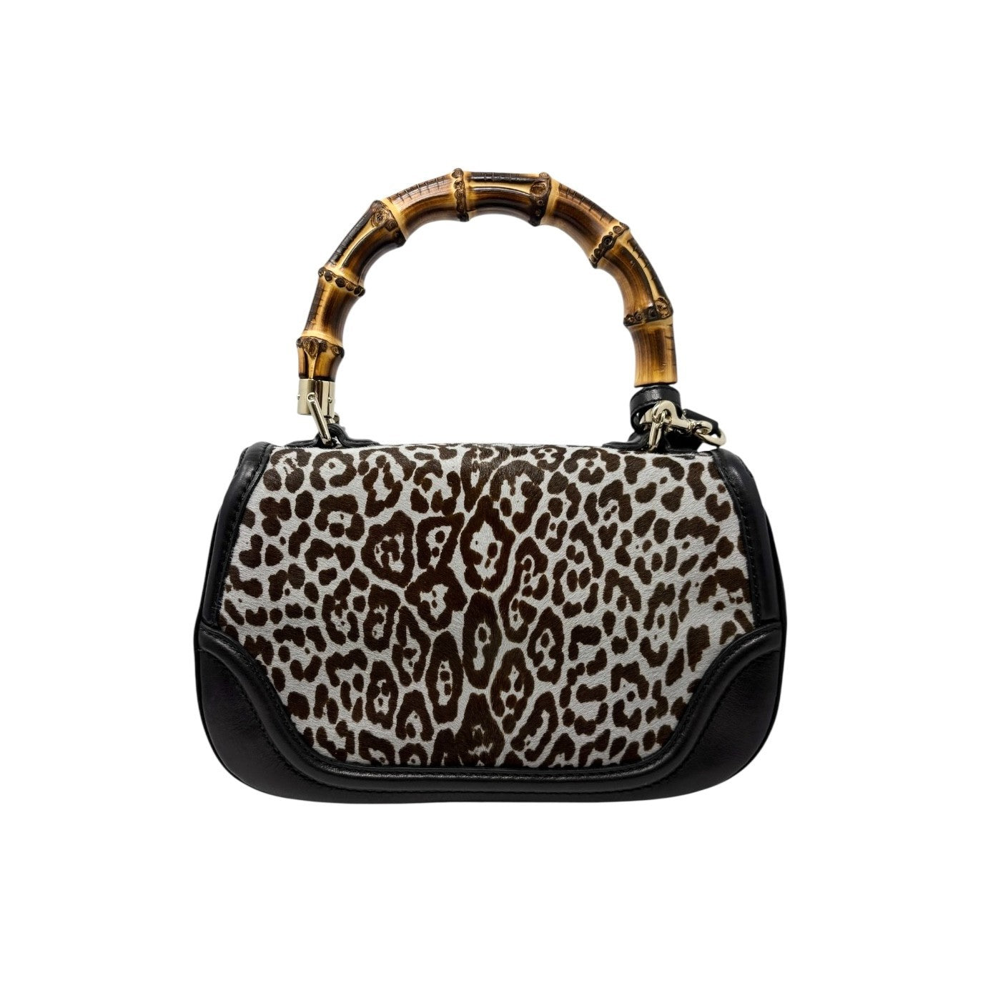 GUCCI Vintage Bamboo Leopard 2way Handbag Crossbody Bag Pony Calf Hair Gray