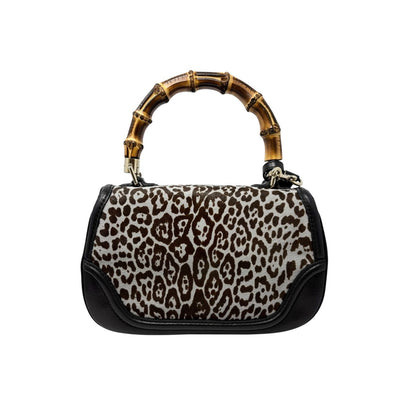 GUCCI Vintage Bamboo Leopard 2way Handbag Crossbody Bag Pony Calf Hair Gray