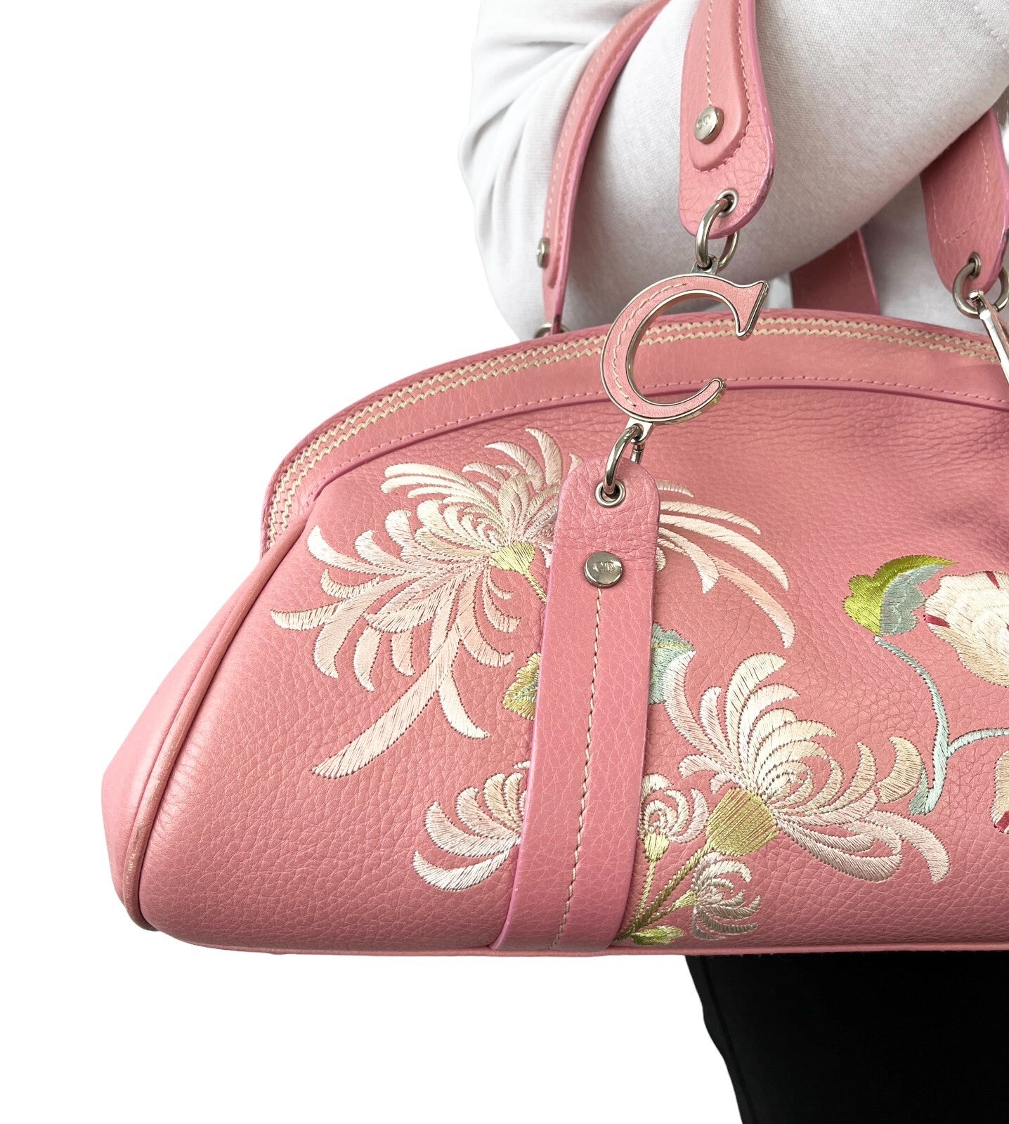 Christian Dior Vintage 2005 Logo Embroidered Mini Boston Bag Pink Silver Leather