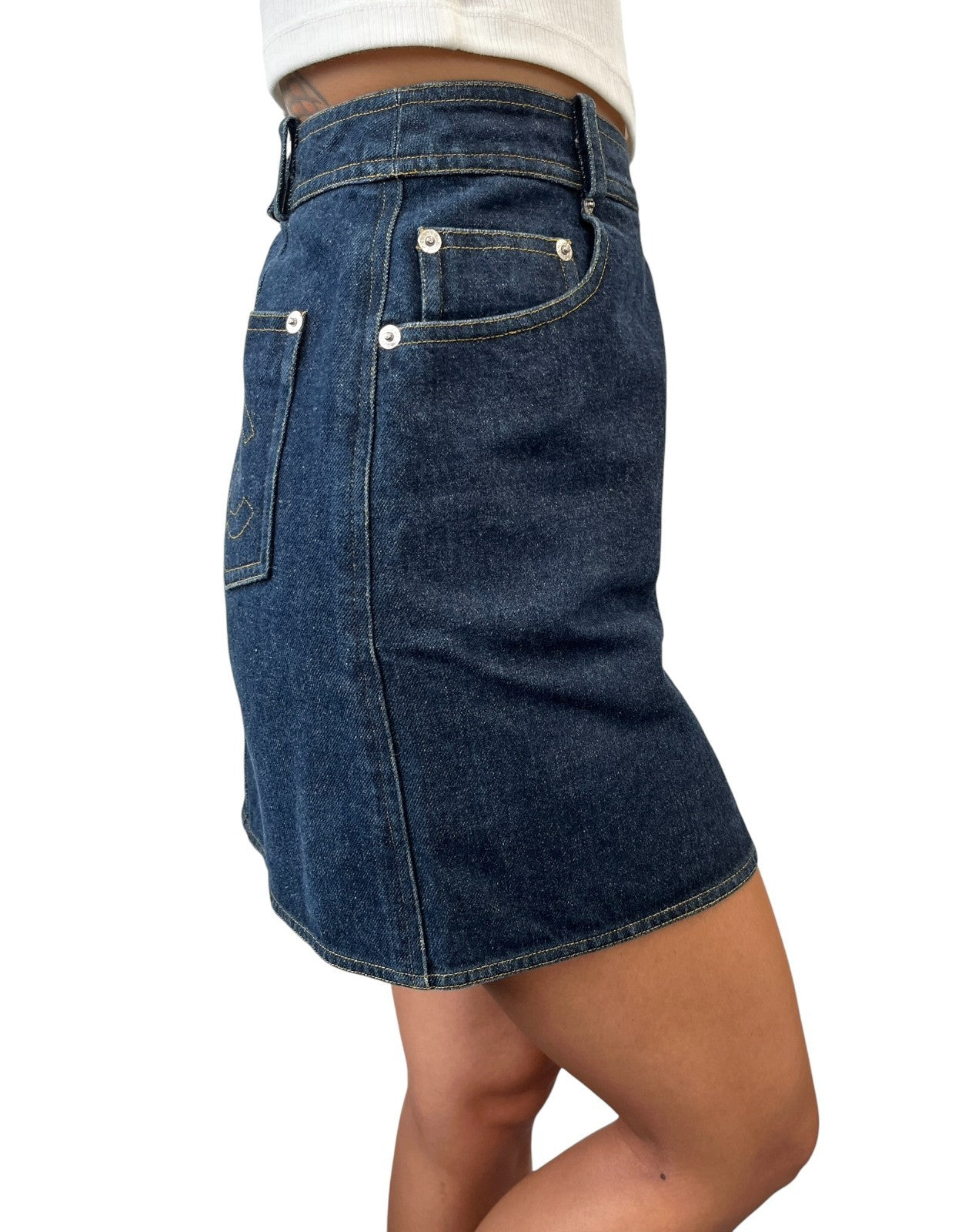 CHANEL Vintage 96P CC Mark Logo Denim Skirt #36 Dark Blue Yellow Cotton